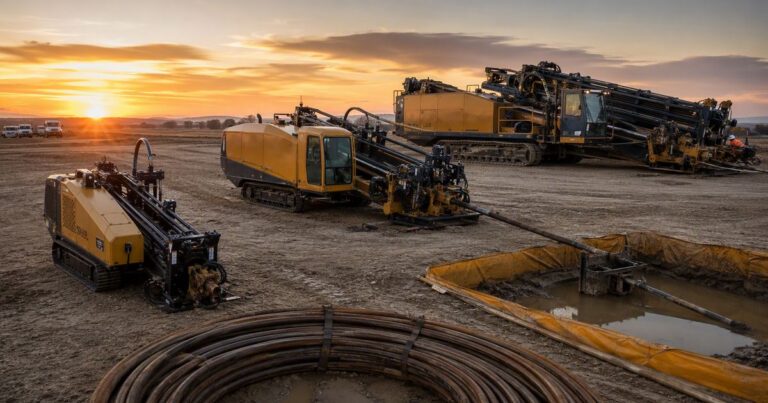 Three HDD drilling rigs of different size classes lined up on a pipeline spread at dusk