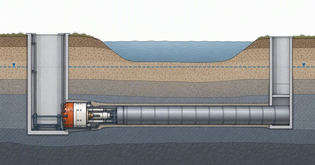 Technical section view of a remotely operated slurry machine pushing jacking pipe through the ground beneath a river.