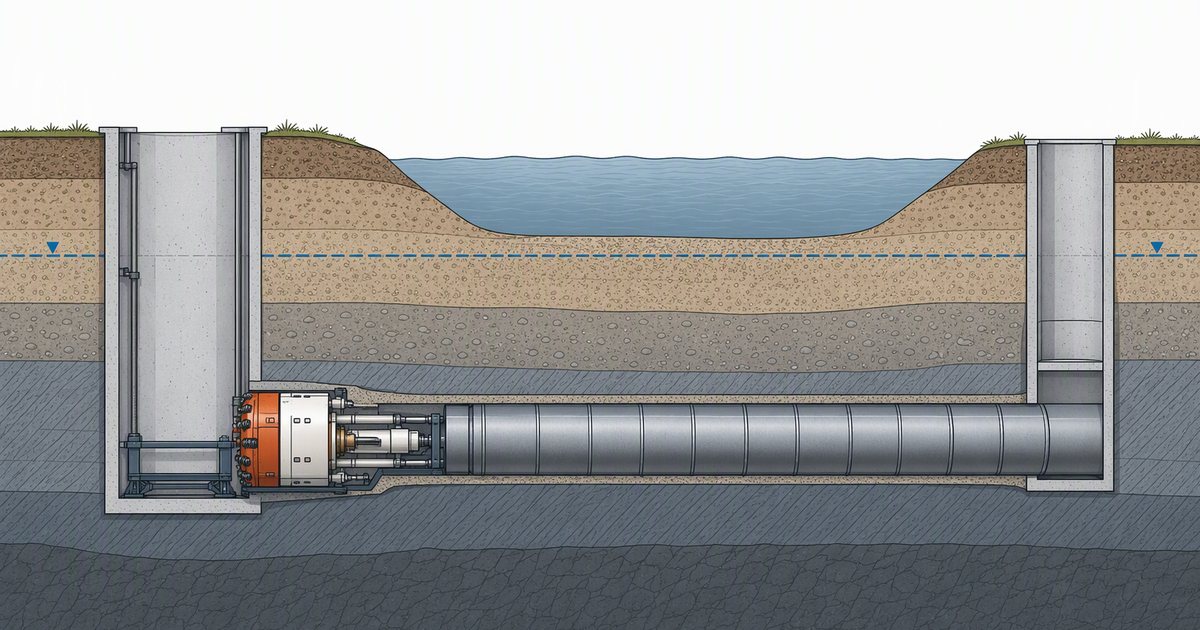 Technical section view of a remotely operated slurry machine pushing jacking pipe through the ground beneath a river.