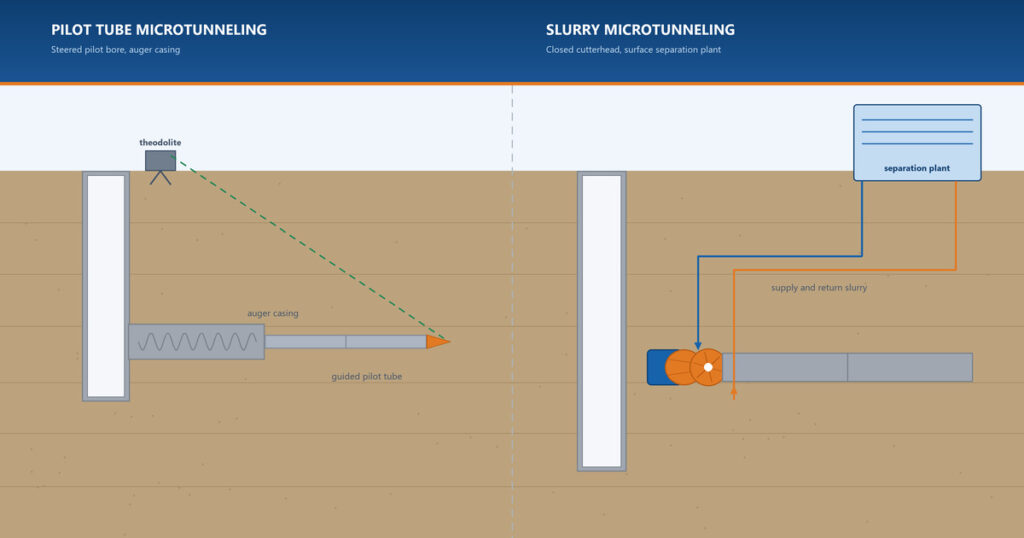 Cross-section comparison of a pilot tube microtunneling drive with a small steered pilot tube and auger casing beside a slurry microtunneling drive with a closed cutterhead and slurry circuit