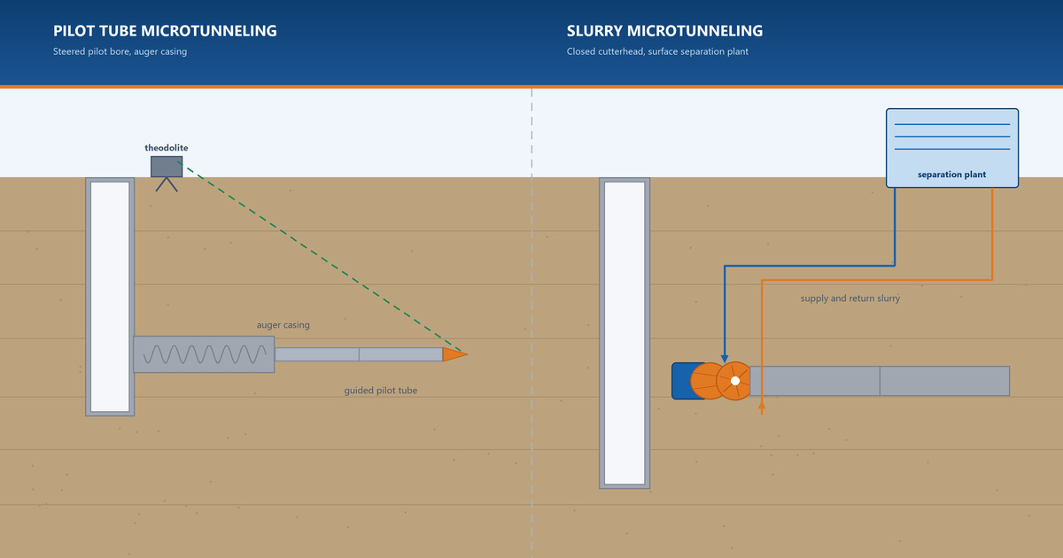 Cross-section comparison of a pilot tube microtunneling drive with a small steered pilot tube and auger casing beside a slurry microtunneling drive with a closed cutterhead and slurry circuit