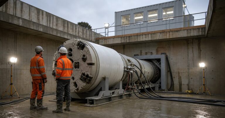 Microtunneling equipment being commissioned in a launch shaft before launch, with engineers checking the machine, jacking frame, slurry lines and control console against a checklist