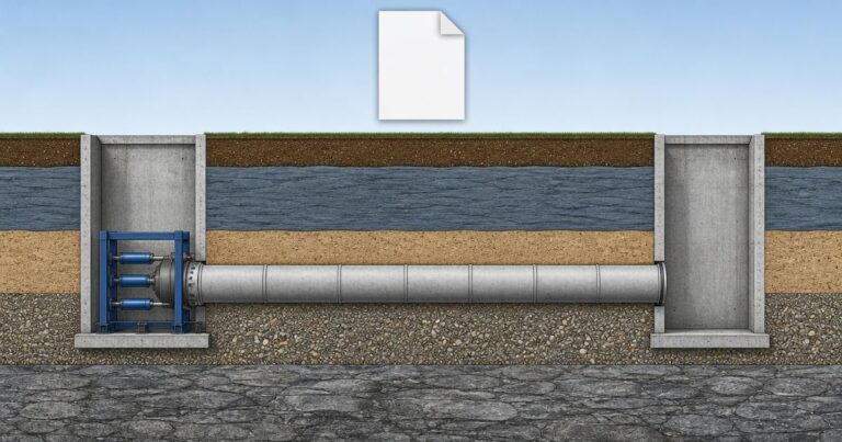Cross-section of a microtunneling contract showing a geotechnical baseline defining expected ground between a launch shaft and a reception shaft