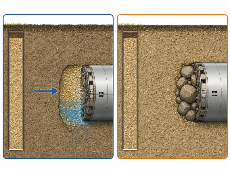 Diagram comparing a Type I differing site condition, where the ground differs from the contract documents, with a Type II condition, where the ground is unknown and unusual for that geology