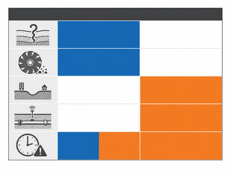 Risk matrix grid showing which party carries each microtunneling ground and delay risk, from unforeseeable geology on the owner to means and methods on the contractor