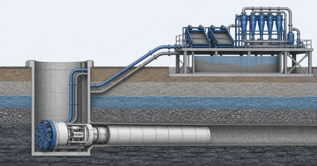 Slurry microtunneling machine with feed and return slurry lines and a separation plant on the surface