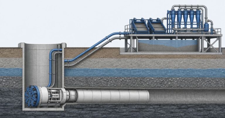 Slurry microtunneling machine with feed and return slurry lines and a separation plant on the surface