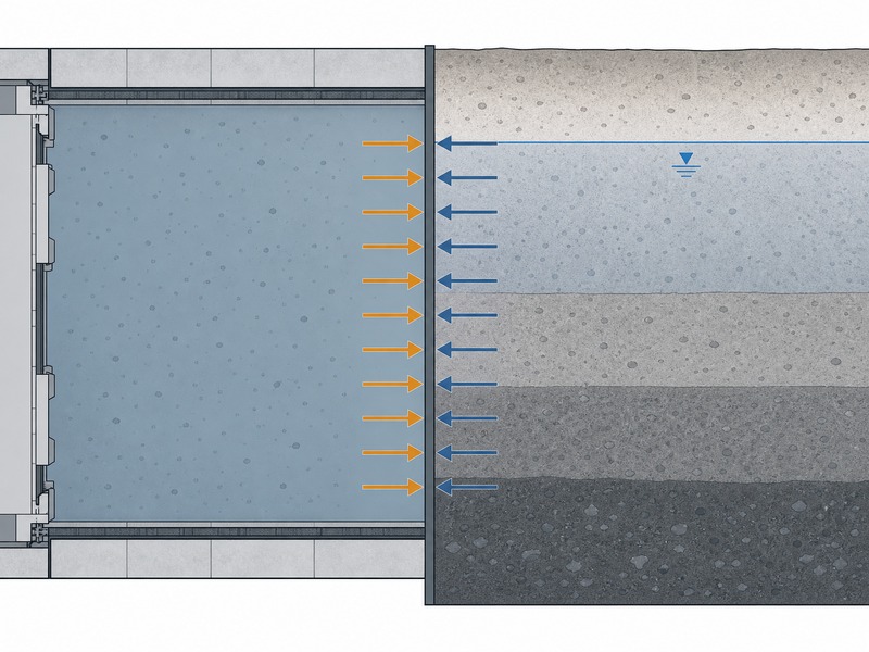 Pressure balance diagram at a slurry microtunneling face showing groundwater pressure, lateral earth pressure and slurry support pressure