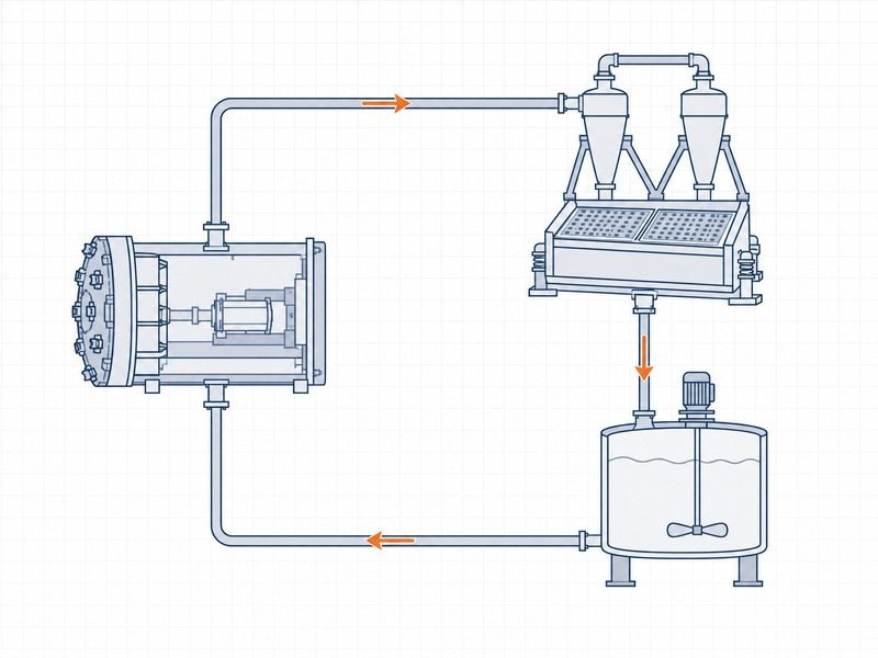 Slurry circuit for a microtunneling drive showing feed and return lines between the machine and the separation plant with screening and cyclones