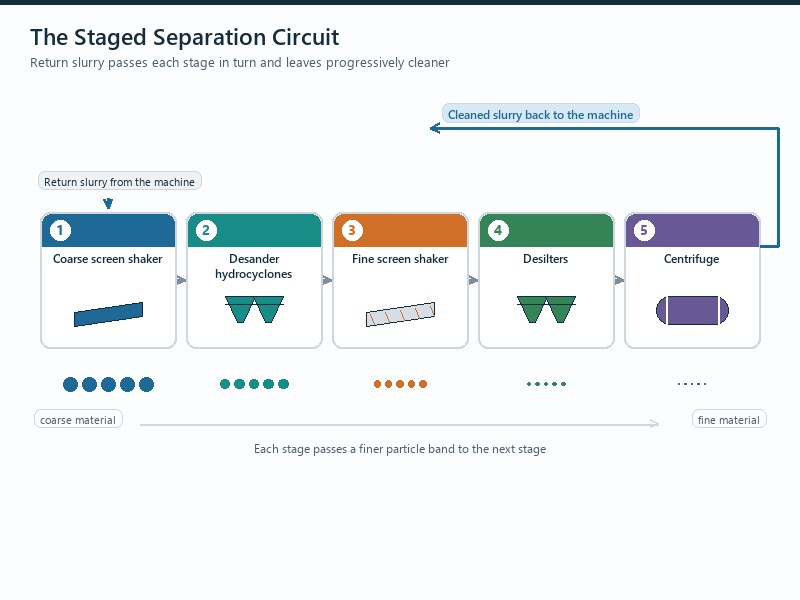 Flow diagram of a staged slurry separation plant for microtunneling: return slurry passes a coarse screen shaker, desander hydrocyclones, a fine screen shaker, desilters and a centrifuge, so each stage removes a finer particle band before the cleaned slurry returns to the machine.
