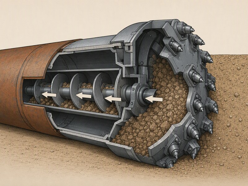 Open-face auger microtunneling cutting head with a cased screw conveyor removing dry spoil