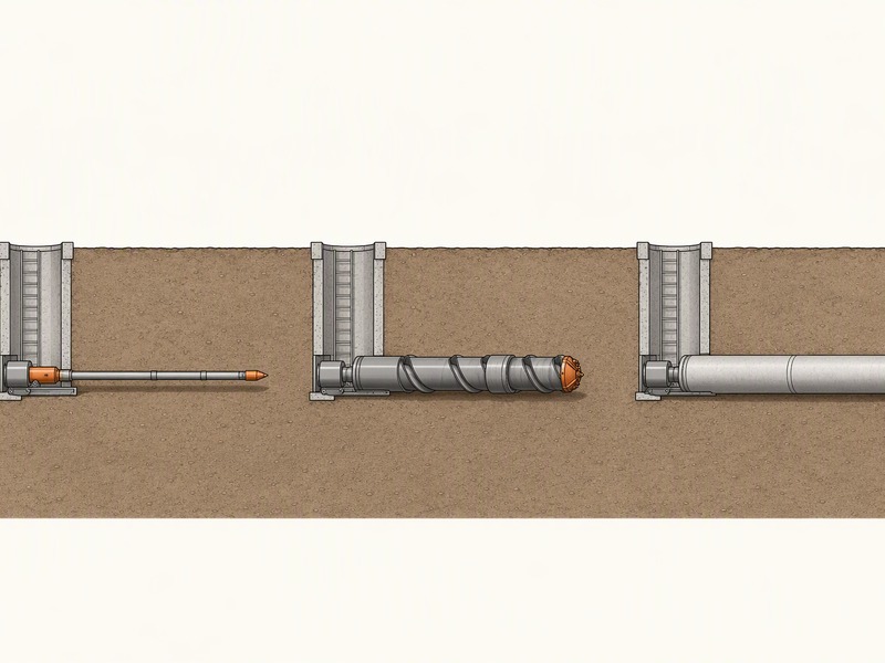Pilot tube microtunneling sequence showing a guided pilot tube, cased augers and the product pipe being jacked from a small launch shaft