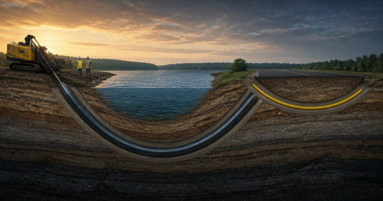Cutaway cross-section of gas pipeline crossings showing an HDD bore pulling a steel transmission main under a river and a shallower bore for a polyethylene distribution main under a road