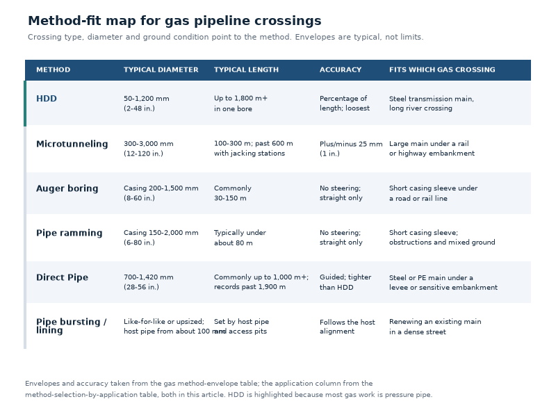 Method-fit map for gas pipelines showing HDD for long curved crossings, microtunneling for short straight large-diameter drives, auger boring and pipe ramming for short casing crossings, Direct Pipe for long single-pass installations and lining methods for renewing existing mains
