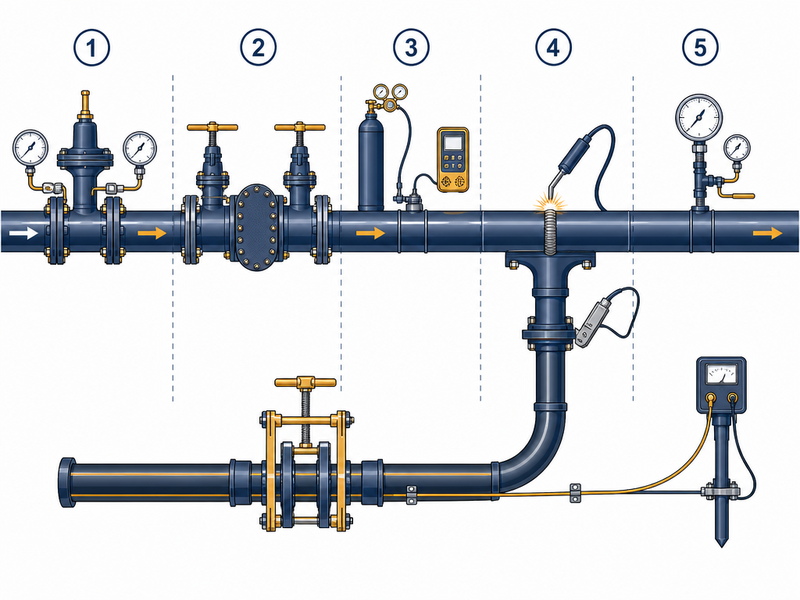 Gas crossing tie-in diagram showing pressure control, isolation, purge and inerting, squeeze-off on a polyethylene main, and weld testing before commissioning