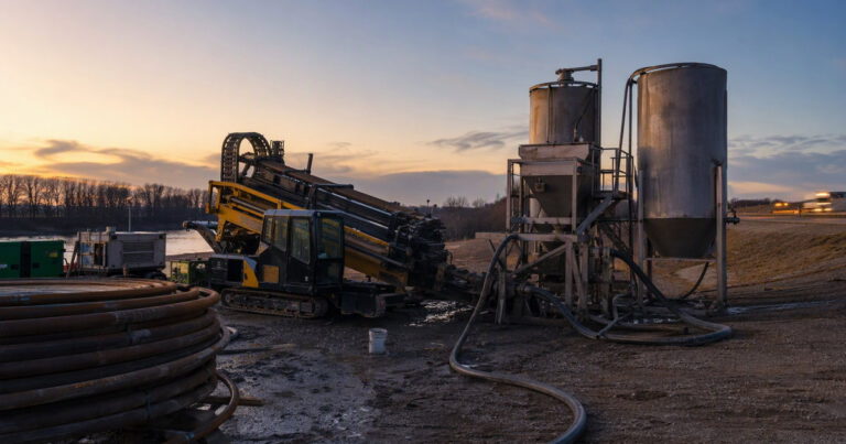 Horizontal directional drilling rig and drilling fluid mixing tanks at a pipeline crossing site