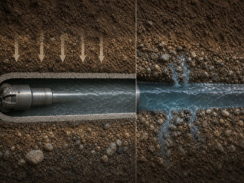 Cross section of an HDD borehole showing filter cake, positive differential pressure and borehole support from an engineered drilling fluid