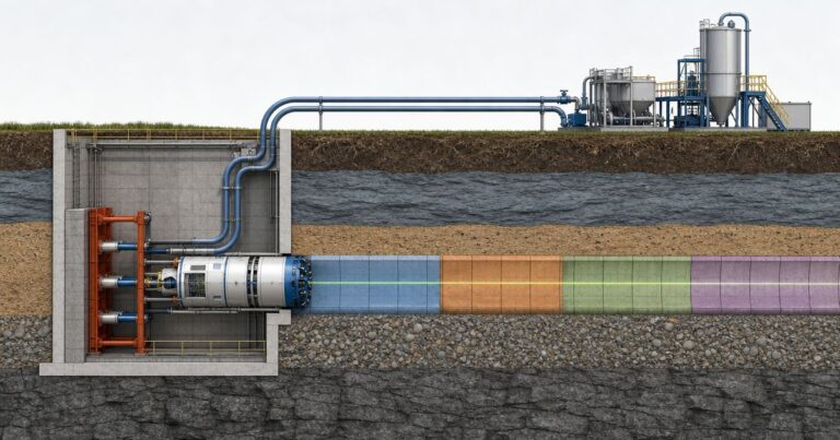 Cross-section of a microtunneling drive showing a launch shaft, jacked pipe, and the four cost variables of geometry, geology, depth and diameter labelled along the alignment