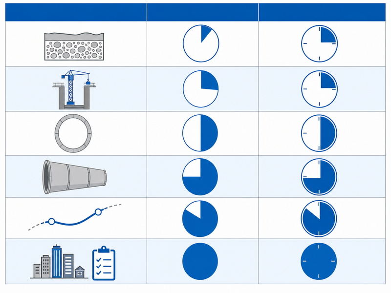 Matrix chart pairing each microtunneling variable with its cost mechanism and its schedule mechanism in adjacent columns