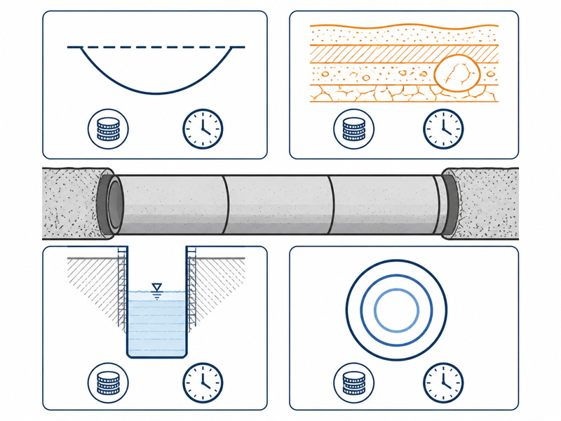 Diagram of the four microtunneling cost variables - geometry, geology, depth and diameter - arranged around a jacked pipe with the cost and schedule mechanisms each one triggers