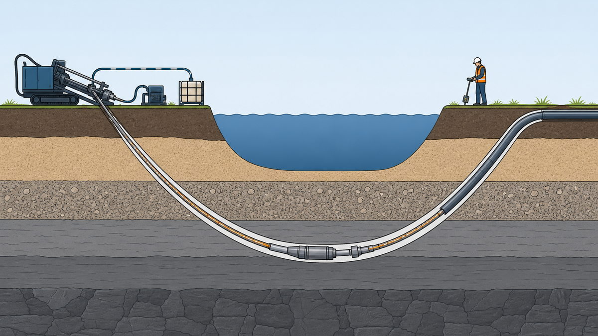 HDD crossing anatomy: rig, drill string, guidance, drilling fluid and product pipe