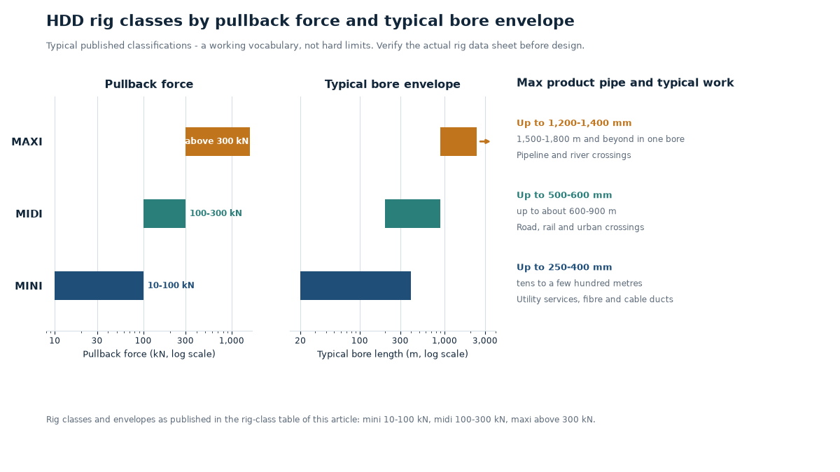 Chart of mini, midi and maxi HDD rig classes by pullback force