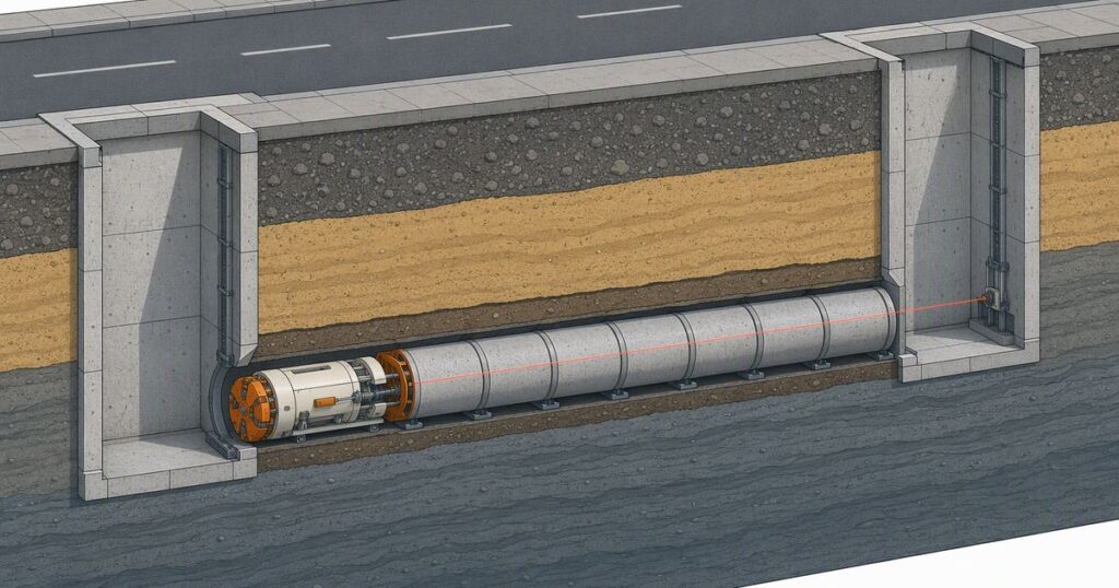 Microtunneling drive between two shafts with a remotely controlled machine and jacked pipe
