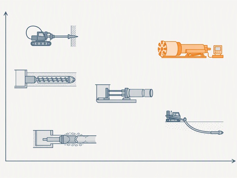 Diagram mapping microtunneling against horizontal directional drilling, auger boring, pipe ramming, pipe bursting and direct pipe
