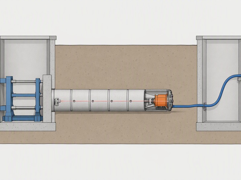 Schematic of a microtunneling drive showing the launch shaft, jacking frame, machine, guidance system and reception shaft
