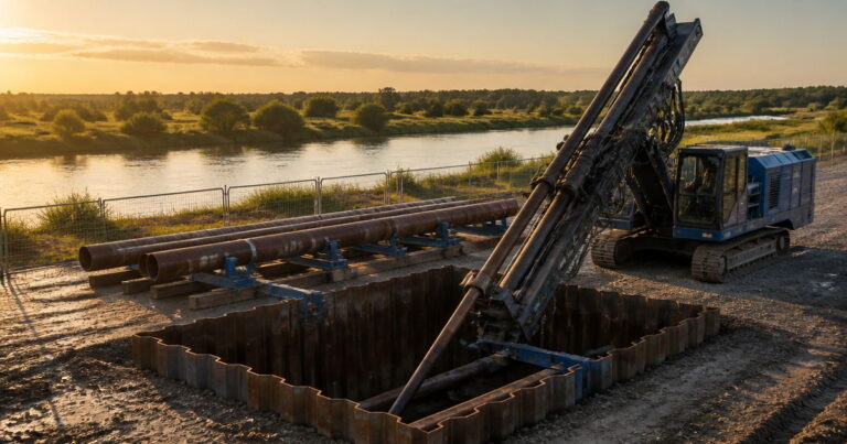 Horizontal directional drilling rig installing an oil and gas pipeline beneath a river crossing