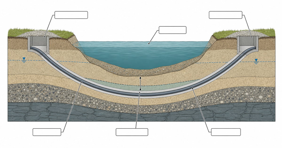 Oil and gas pipeline crossing a river by horizontal directional drilling, showing entry and exit points, the curved bore below the river bed and the drilled depth of cover