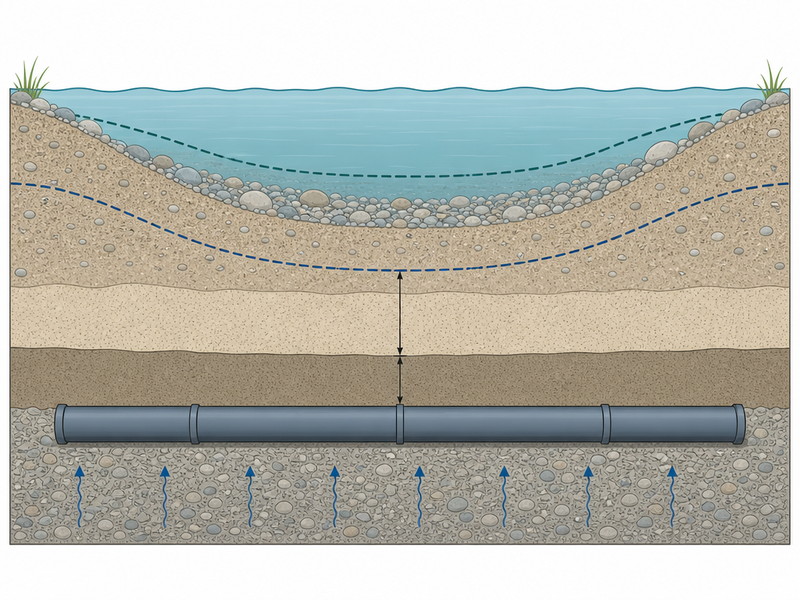 Cross section of a river bed showing the mobilised scour envelope above a pipeline installed by horizontal directional drilling, with as-built depth of cover measured below maximum scoured depth
