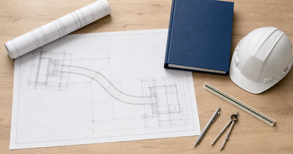 Owner's engineer marking up a Section 02441 microtunneling specification on a desk beside drive drawings and a geotechnical report
